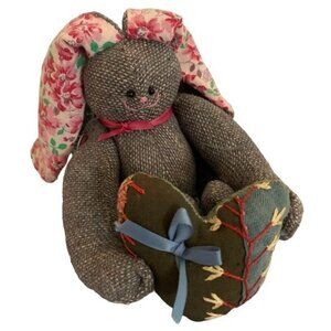 Handmade Gray Bunny Plush Heart Floral Ears Bow 6" Cuteness Overload!